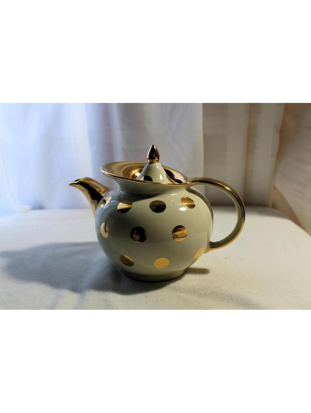 Vintage HALL 1940s Gold Polka Dot Teapot 6 Cup